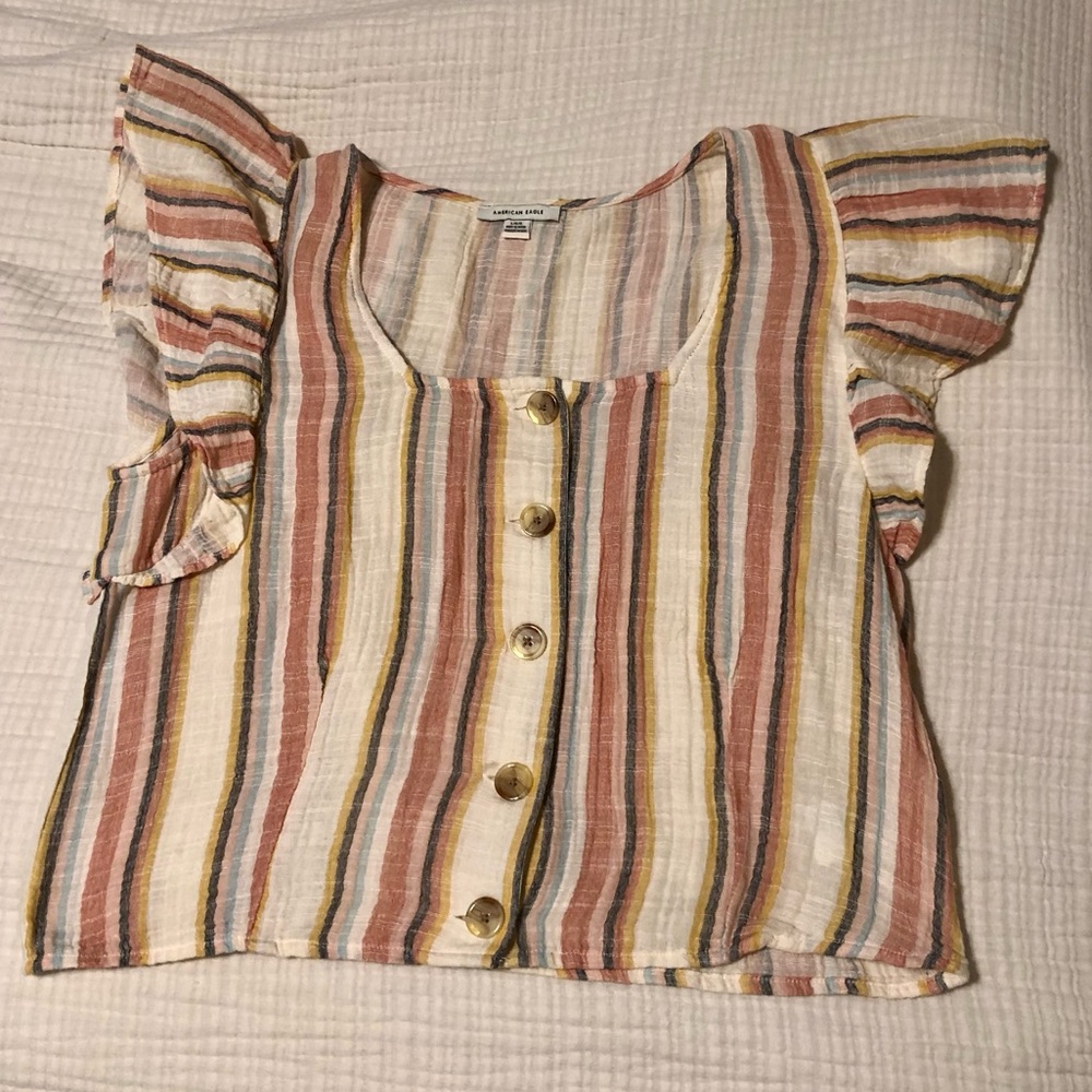 American Eagle Pink Striped Button Ruffle Sleeve Crop Top Women's w Buttons